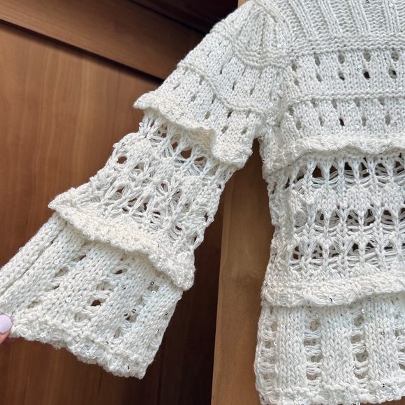 NWT Wildfox Ivory Open-Knit Cropped Sweater bell sleeve silver sequins festival - Picture 4 of 6